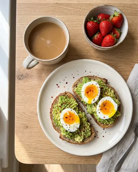 Café con leche, tostadas con palta y huevo, y frutillas