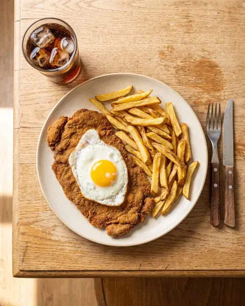 Milanesa frita con papas fritas y huevo frito