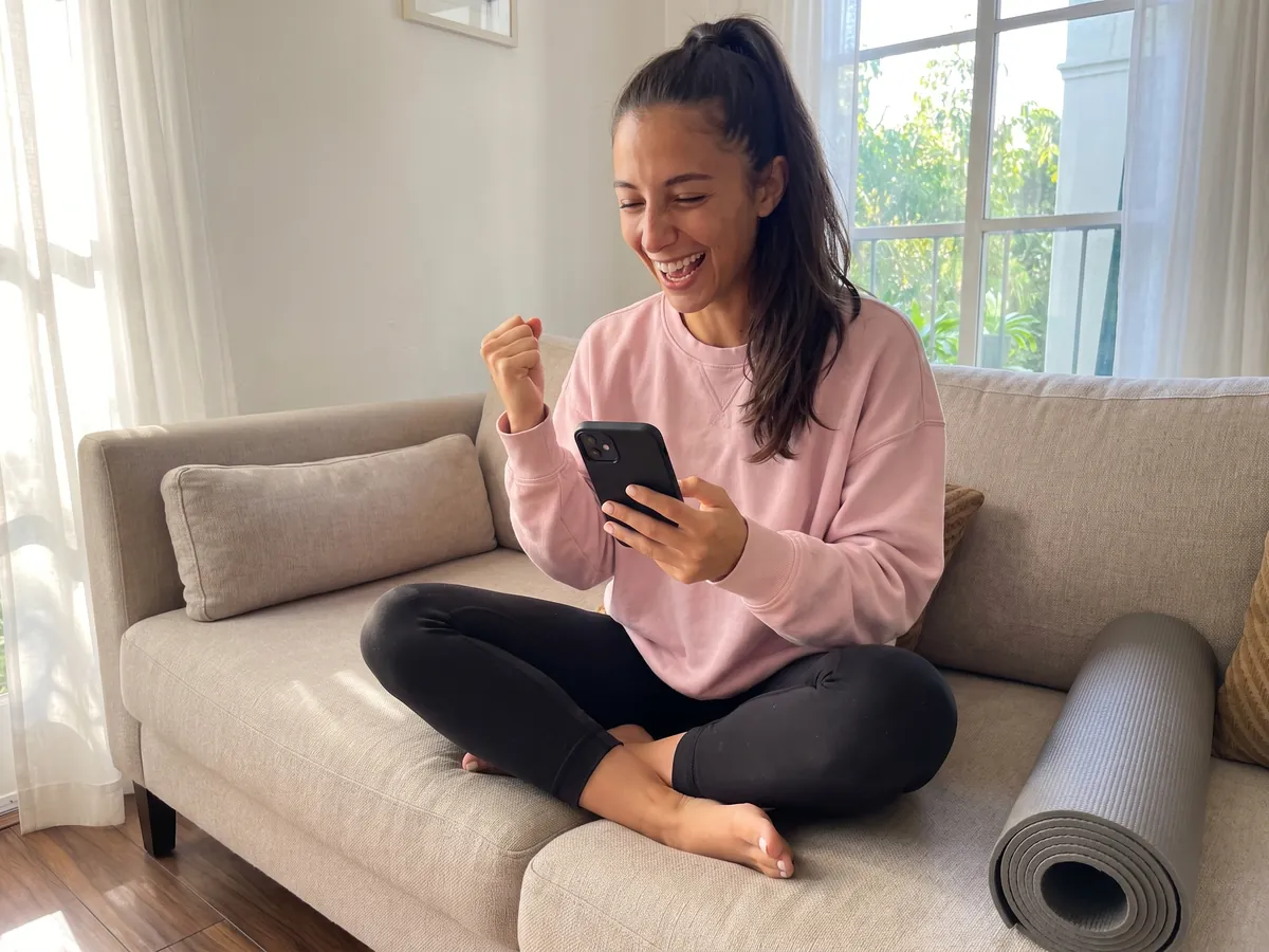 Mujer festejando en su sillón